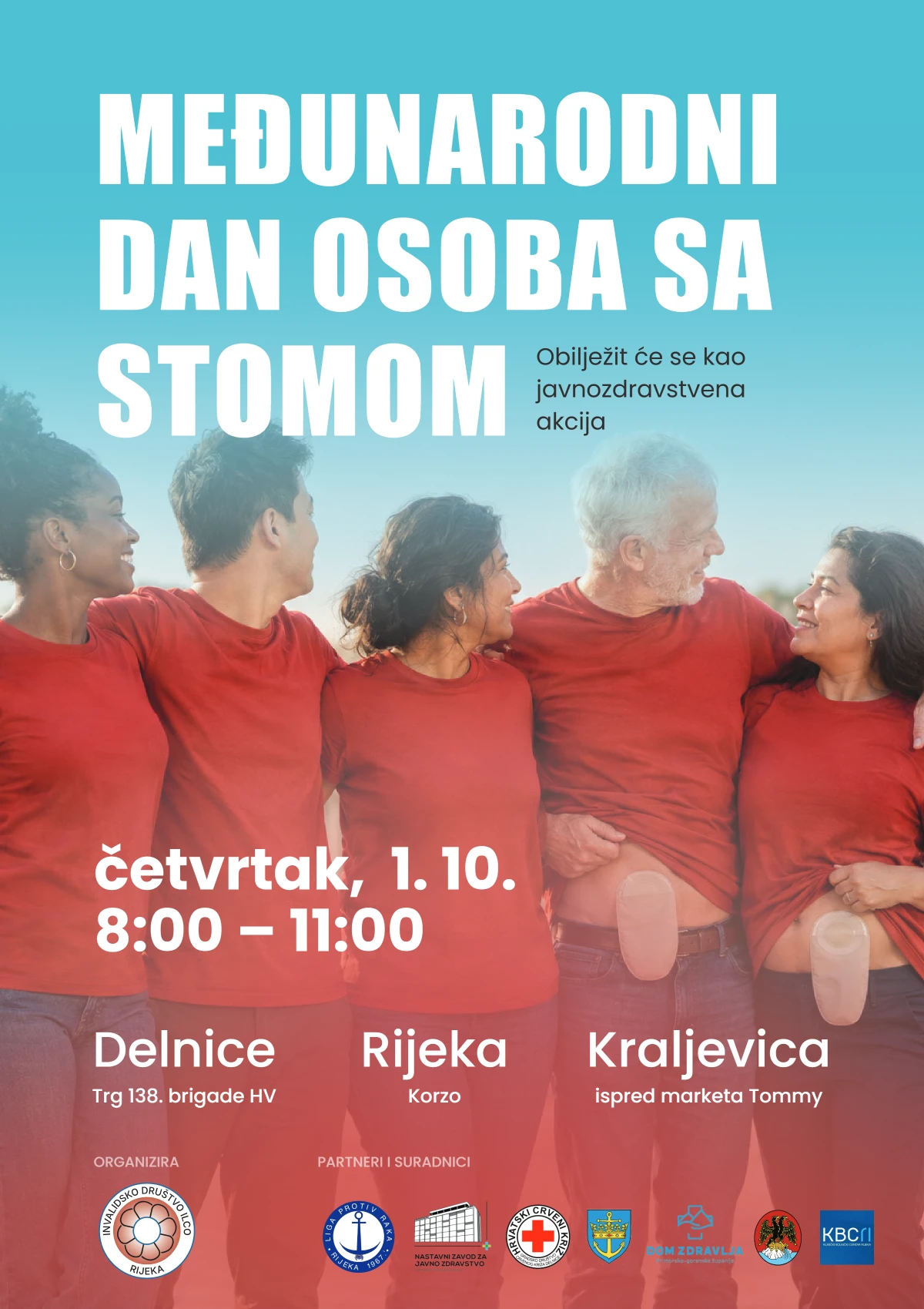 Plakat: Međunarodni dan osoba sa stomom – javnozdravstvena akcija u četvrtak, 1. 10., od 8:00 do 11:00; Delnice (Trg 138. brigade HV), Rijeka (Korzo), Kraljevica (ispred marketa Tommy)