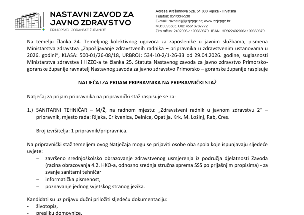 Natječaj za prijam pripravnika na pripravnički staž